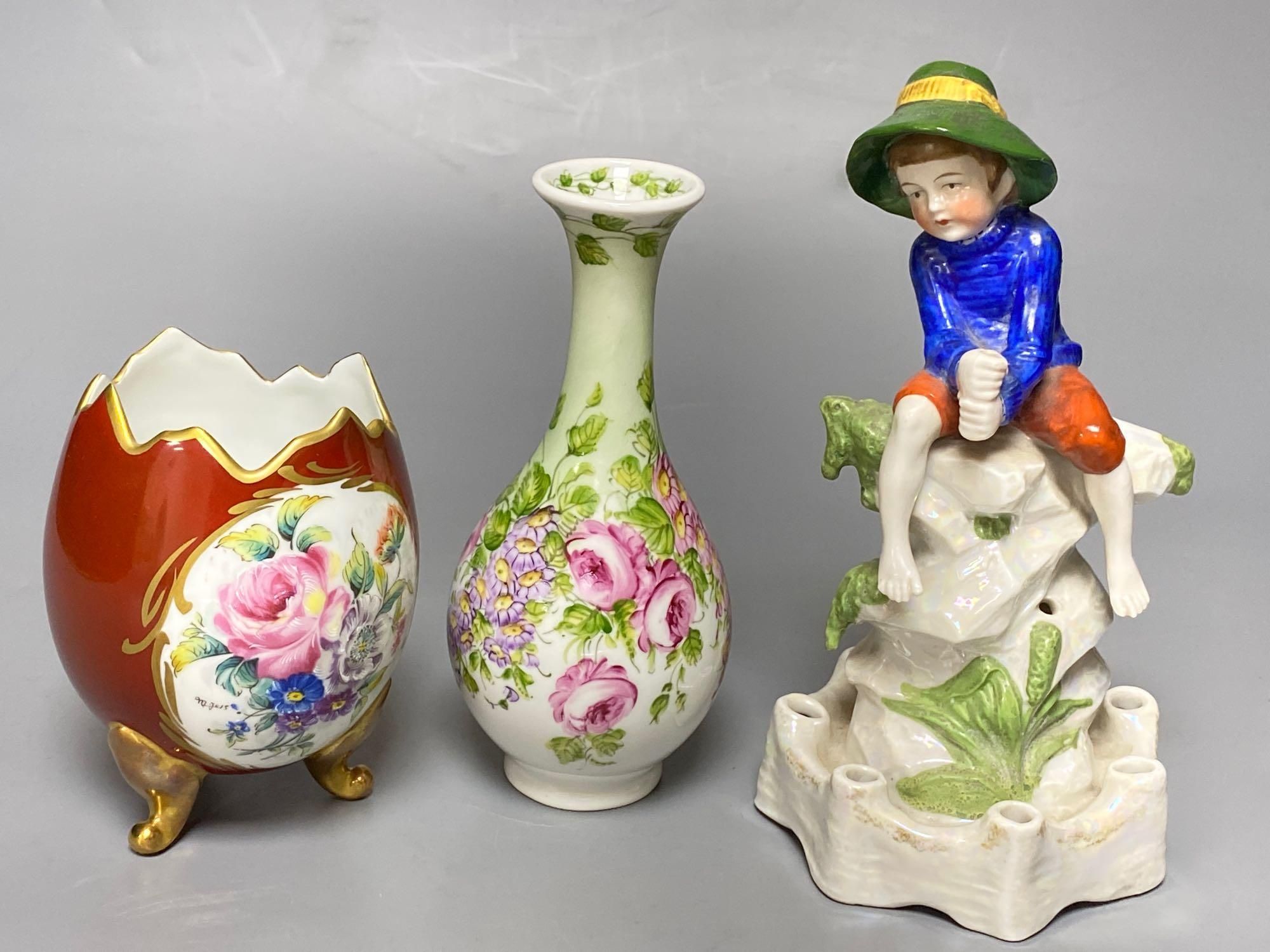 A Sitzendorf figure Fisher boy, a Coalport cottage and Continental ceramics (6)